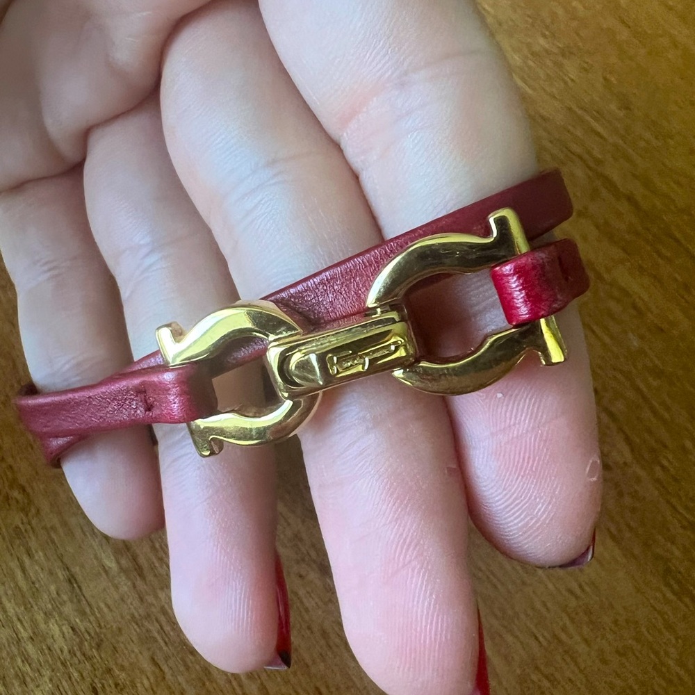 Ferragamo gold and red leather cuff